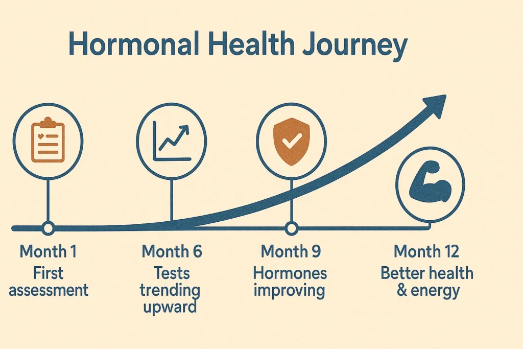 12 month hormonal health monitoring timeline showing pcos and thyroid management progress